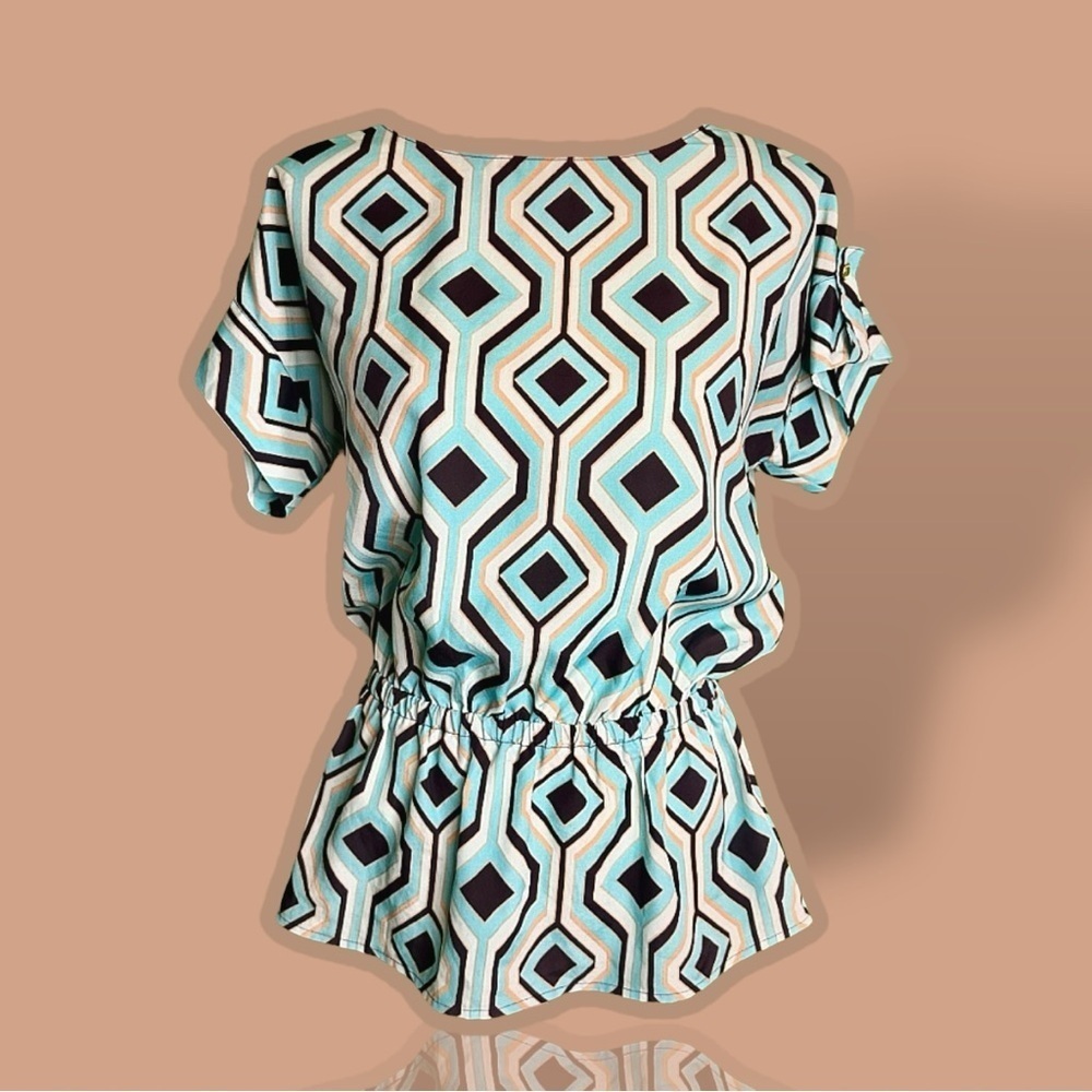 MICHAEL Michael Kors Geometric Diamond Print Roll Tab Sleeve Cinched Waist Top
